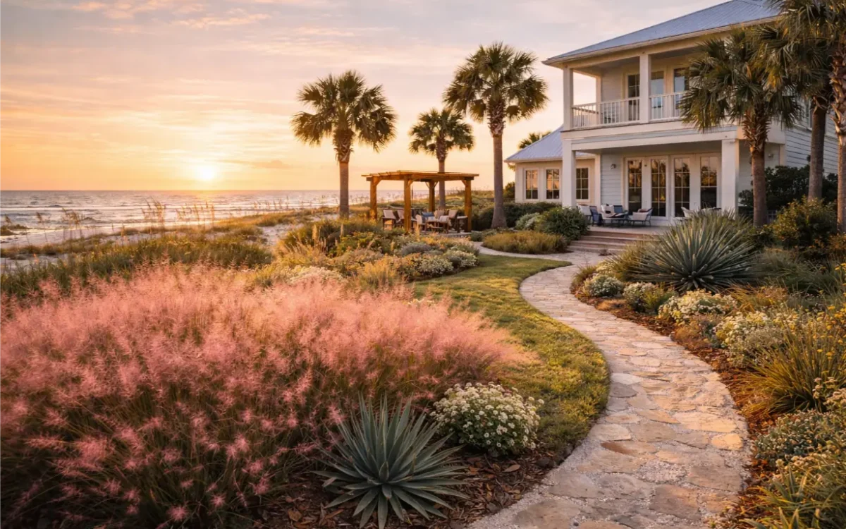 Landscaping company in 30A Florida tending to a coastal native plant garden in South Walton