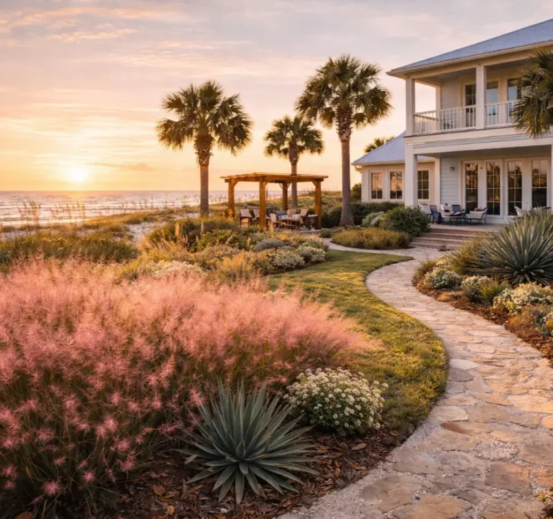 Landscaping company in 30A Florida tending to a coastal native plant garden in South Walton