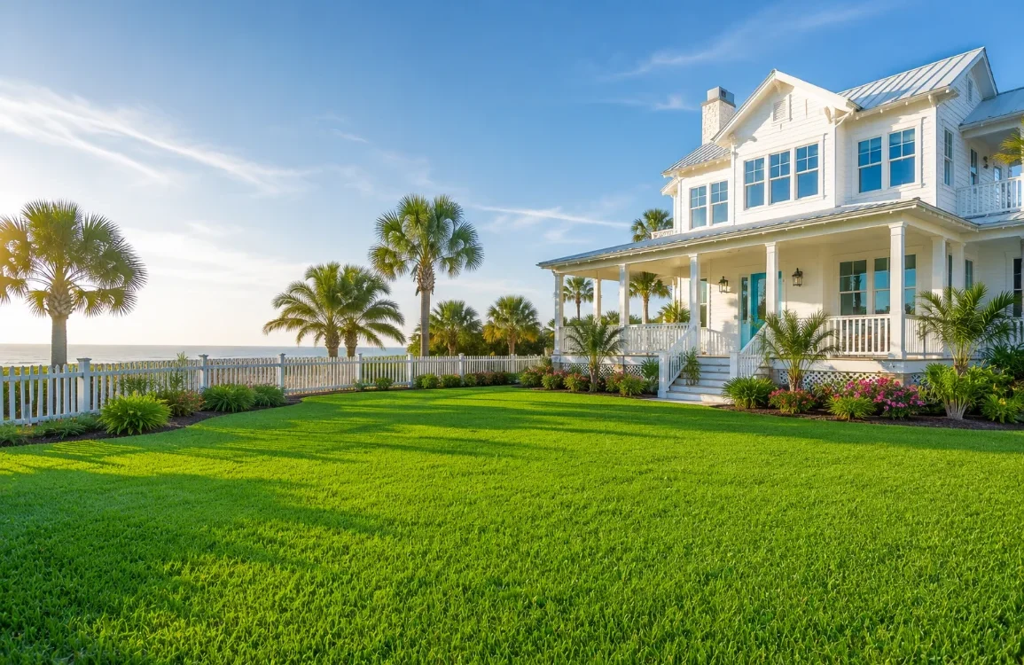 Lush green St. Augustine grass lawn at a coastal 30A Florida beach house — professional lawn care in 30A Florida