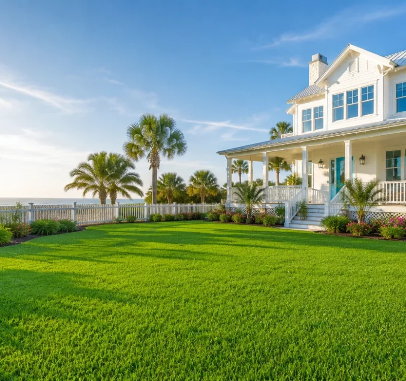 lawn-care-in-30a-florida-featured Lush green St. Augustine grass lawn at a coastal 30A Florida beach house — professional lawn care in 30A Florida