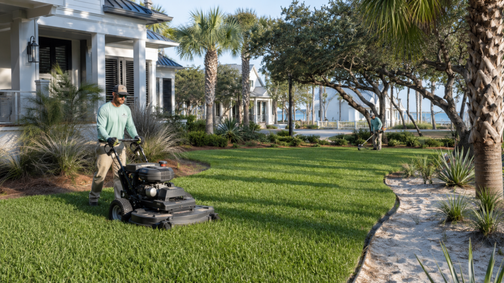 lawn care 30A Florida mowing height for healthy coastal turf