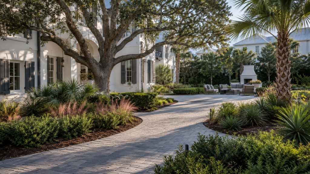 landscape design 30A Florida with coastal planting and hardscape