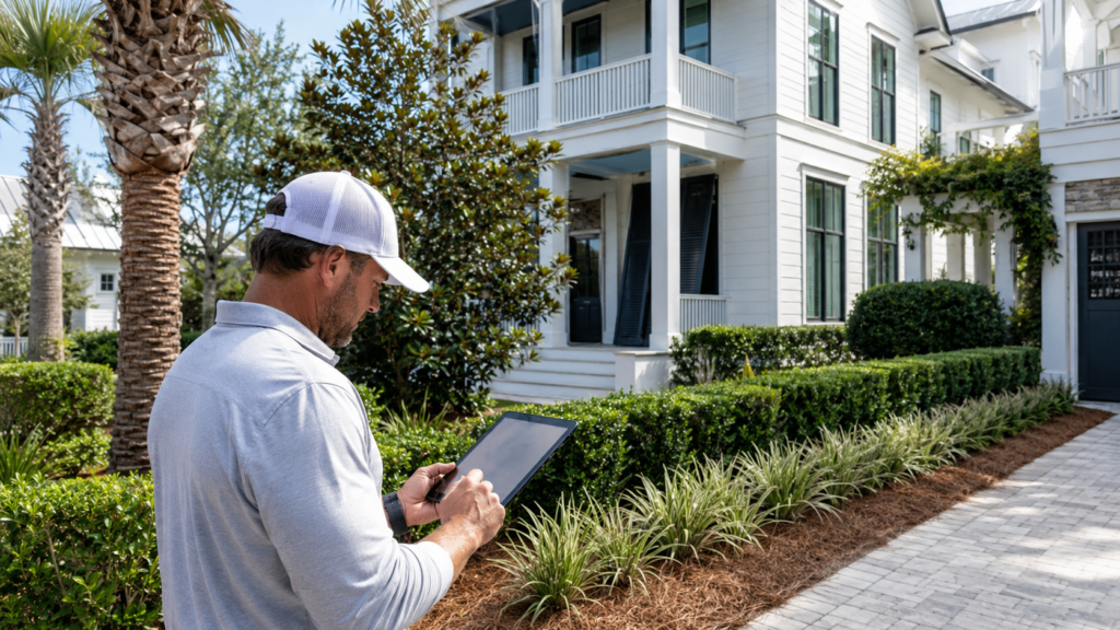 HOA landscaping 30A compliance inspection at a coastal home