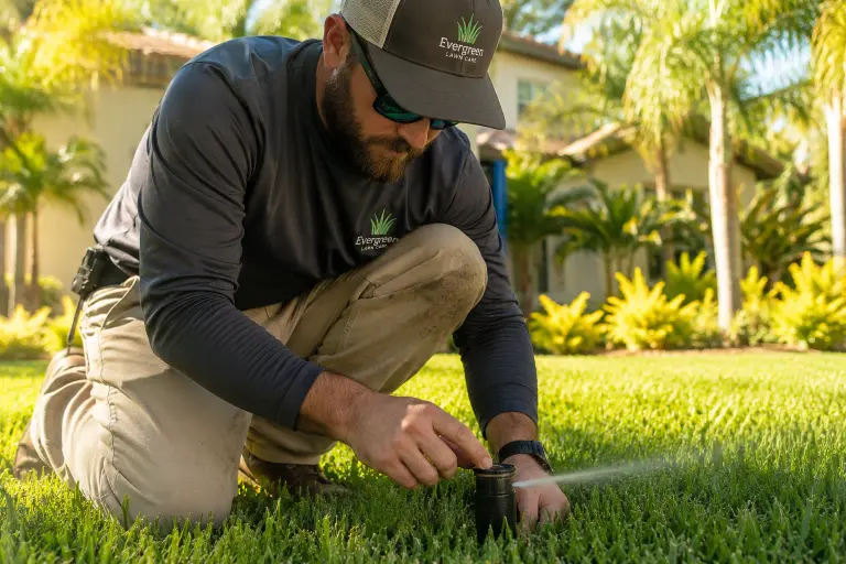 Lawn care professional inspecting turf and irrigation during summer lawn care in 30A Florida